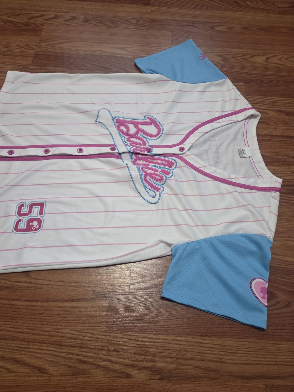 Barbie Malibu Athletic Dept 59 Baseball Jersey Women's Medium Pink Blue ButtonUp - Picture 2 of 4